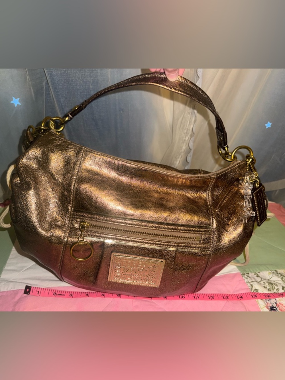 Coach Poppy Metallic Rose Gold Leather Convertible Hobo Bag With Original Charms